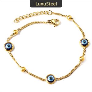 LUXUSTEEL แฟชั่นสีฟ้าตุรกี Evil Eye สร้อยข้อมือผู้หญิงสแตนเลสสตีลลูกปัด Link Chain ปรับเครื่องประดับของขวัญ