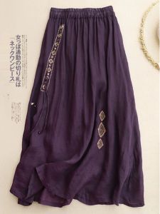 Elegant High Waist A-Line Midi Skirt in Linen Cotton Double Layered Full Length Gown with Embroidery Slimming Drapey Style