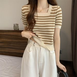 Stylish and Elegant French Design Loose Stripe Square Neck Short Sleeve Tshirt