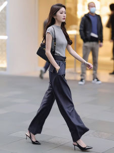 Summer New Arrival Simple Graceful Solid Color Base Sweater Womens High Waist Slim Looking Textured Gray Wide Leg Suit Pants Two-piece Set