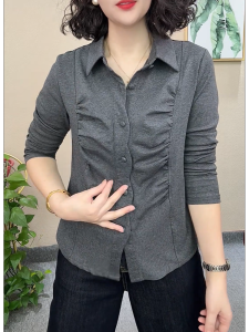 QINGNAER | Slim Fitting Gray Wrinkle Casual Large Size Womens Long Sleeve Shirt