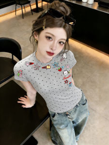 Y2K Sweet & Cool Gray Polka Dot Cartoon Fitted Short T-Shirt