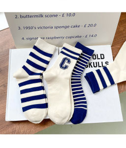 Lollipop Socks Blue Stripe Series Crew Socks Long Socks Women Pile Socks Mid Calf Socks Women Socks Cute Socks Women Stoking Wanita Stokin Perempuan Stokin Comel