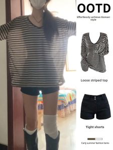 ZUKUN | Bộ Áo Blouse và Quần Shorts Sọc Thoáng Khí cho Ngày Nắng