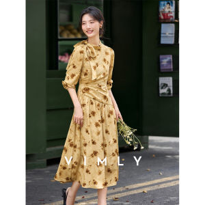 Vimly | Đầm Dài A-line Ôm Phong Cách Pháp Hoa Vàng Retro