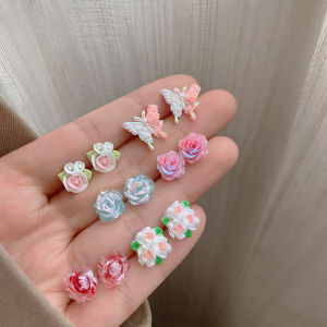 Spring Summer New Womens Colorful Tea Rose Earrings Set Luxury Light Earring Fashion Jewelry Alloy Plated Silver Gold