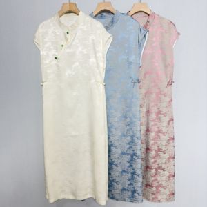 Vintage Chinese Style Gaucho Dress 2024 Summer Sleeveless Long Dress with Stand Collar Jacquard Pattern for Young Women Loose Waist