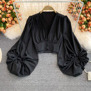 เสื้อเชิ้ตคอวีแขนยาวทรงเข้ารูปเอวสั้นสไตล์ย้อนยุคสำหรับผู้หญิง เสื้อเชิ้ตแขนยาวทรงเข้ารูปสไตล์เกาหลี แขนยาวปกติ