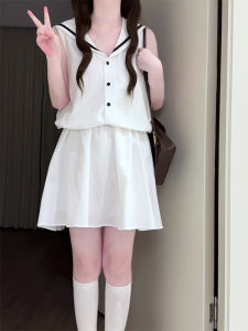 YUEZHONGWEI | Summer 2025 Trendy OOTD College Style Navy Collar Sleeveless Top Skirt Set Short Sleeve Buttoning Clothing Half-length Skirt