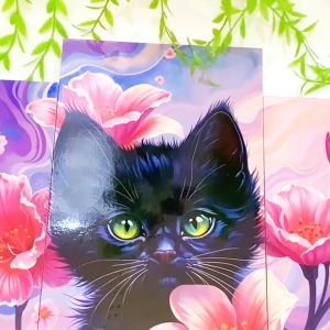 RUNABEE HIASAN DINDING KUCING HITAM SET BESAR 3 IN 1 ABSTRAK CAT FLOWER PAJANGAN KAYU MINIMALIS