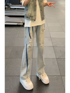 กางเกงยีนส์ทรงหลวมขาตรงสำหรับผู้ชายในช่วงฤดูร้อน กางเกงยีนส์ขาดแบบบางสไตล์ฮิปฮอป สไตล์อเมริกันสตรีท กางเกงขายาวทรงเข้ารูป
