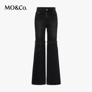 MoCo Rockabilly Washed Bell Bottom Jeans High Waist Patchwork Design Cotton Polyester Blend Standard Fit Ladies Jeans