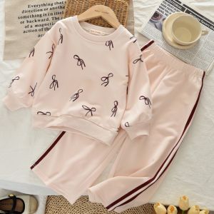 Bear Leader 2 Pcs Set Autumn Pink Girls Clothes Bow Print Long Sleeved Top and Pants Spring Casual Sports Childrens Clothing