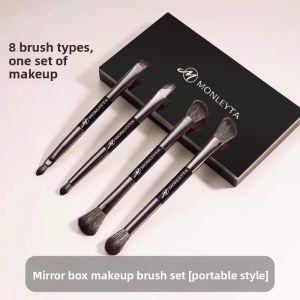 MONLEYTA | Portable Makeup Brush Set Soft Bristle Double-Ended Concealer Diffusion Nose Shadow Brush Full Set Cosmetic Brushes Storage Mirror Box