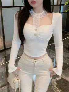 GUZILIAN | Pure Desire Lace Neck Hanging V-neck Long Sleeve Knitted T-shirt Autumn Winter Slim Fit Short Style Womens Top Commute Style