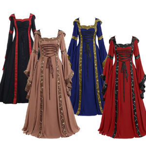 Medieval Retro Court Style Hooded Dress Square Collar Flared Skirt Bell Sleeve Womens Fashion Winter Collection Maxi Dress