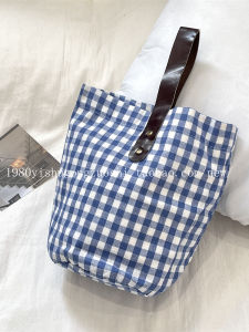 Blue Plaid Canvas Bucket Bag Womens Portable Handbag for Work Small Crossbody Bag Fresh Style Office Ladies Tote Bag