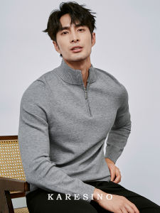 Karesino Mens Knitted Long Sleeve Crew Neck Sweater Slim Fit Business Casual Autumn Winter Half Zipper Hoodie Fashionable Plain Color