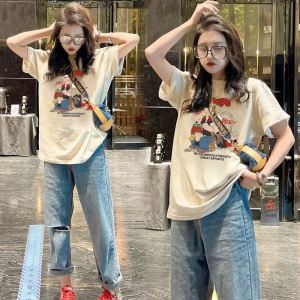 Retro American Short Sleeve T-Shirt Women Summer New Style European Cargo Apricot Pure Cotton Print Loose Half Sleeve Top Trendy