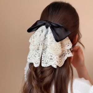 French Style Embroidered Mesh Satin Bow Hair Clip High-end Womens Back of Head Ponytail Clip Hair Grip Sweet Hair Accessories