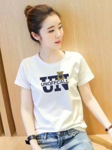 เสื้อยืดแขนสั้นผ้าฝ้ายแท้สําหรับผู้หญิงสไตล์ฤดูร้อนคอกลมพิมพ์ลายเสื้อผ้าทํางานลําลองแฟชั่น