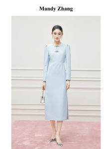 Elegant French Blue Crystalline Bow-Decorated Long-Sleeved Dress Autumn