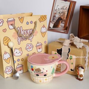 Cute Gift Bear Ceramic Mug with Lid and Spoon