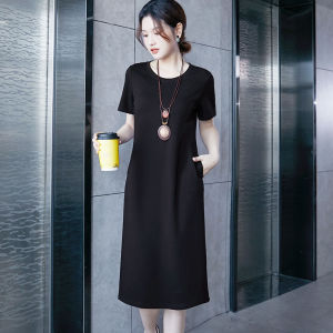 New 2025 Womens Dress Loose Short Sleeve round Neck Pure Color Spring Autumn T-Shirt Dress Casual Style Comfortable Cotton Blend