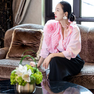Classy Niche Design Pleated Large Flower Shirt Womens Spring/Summer Loose Long Sleeves Chic Stunning Polo Collar Shirt