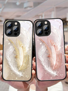 Dreamy Feathers Glass Phone Case for Apple 17 iPhone 16 pro New Model 17 pro Max 15 Simple 14 Women 13 Unique Beautiful Full Cover 12 Lens 11 Anti-Fall XS XR X