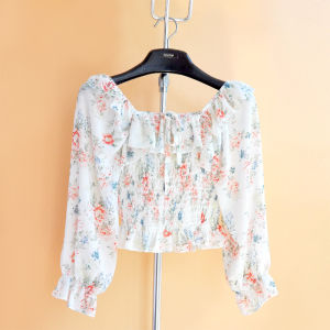 เสื้อเชิ้ตผ้าชีฟองแขนสั้นคอวีลายดอกไม้สำหรับผู้หญิงในช่วงฤดูร้อนปี 2024 เสื้อเชิ้ตแขนยาวป้องกันแสงแดดแบบใหม่