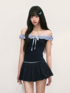 Weekendhub French Style One Shoulder Top Beautiful Clavicle Short Sleeve Slim Fit Summer T-Shirt Cotton Blend Cool Feeling