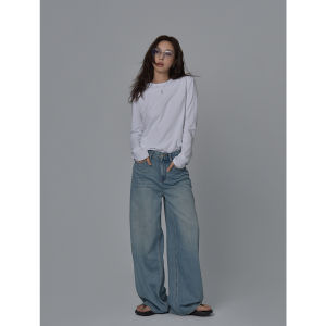 Summer Breathable Light Blue Silk Straight Leg Loose Womens Jeans Casual Wide Leg Pants High Waist Long Trousers Pure Color