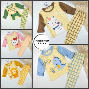 Bộ Dài Tay Bé Minky Mom – Thun Lạnh Phối Tay In Hình Quần Caro Dễ Thương | TD-IN46