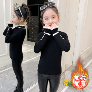 Fashionable Fleece Lined mid Neck Knitted Sweater for Girls Base Shirt Pearl Embellished Autumn Winter New Style Children Top