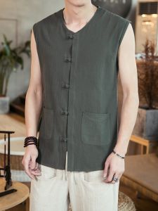 Mens Chinese Style Stand Collar Vest Sleeveless T-Shirt Button Decorated Loose Fit Breathable Cotton Summer Fashion