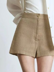 Quần Short Vải Lanh Cạp Cao Cho Nữ Mùa Hè 2025 Quần Ống Rộng Không Đối Xứng Có Túi Quần Bó Màu Kaki Đen Trắng