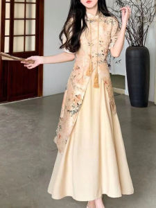 New Chinese Style National Trend Improved Cheongsam Floral Print Dress Slimming Long Skirt Short Sleeve mid Length a Line Summer Gown