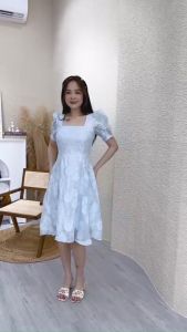 Đầm xòe cổ vuông tay phồng in hoa nổi Misa - MS0255