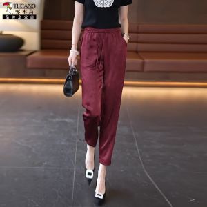 TUCANO Ice Silk Satin Womens Casual Pants Nine Points Acid Acetate Loose Harlan Summer High Waist Thin Korean Style Commute