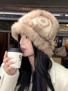 Warm Rabbit Fur Lion Wake Hat Womens Autumn Winter Cute Fluffy Fisherman Bucket Hat Face Slimming Versatile Small Bucket Hat