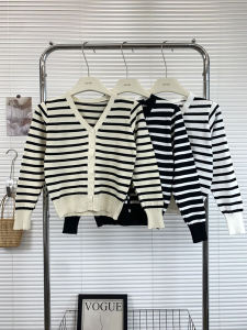 V Neck Stripes Knitting Cardigan Womens Long Sleeve Thin Section Design Blouse 2023 Spring & Fall New Arrival Niche Style Sweater Outwear