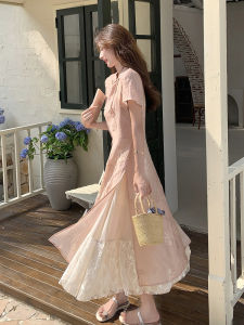 ชุดเดรสจีนใหม่สีชมพู ฤดูร้อน 2025 ชุดเดรสยาวทรงสลิมเอวสำหรับผู้หญิง ชุดราตรีสไตล์จีนแบบปรับปรุงใหม่ ชุดเดรสยาว