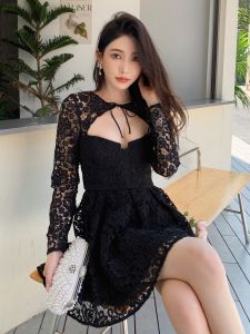Elegant Black Lace Belted Dress Fashionable High Waist A-Line Skirt Polyester Fabric Long Sleeve Short Dress for Date And KTV