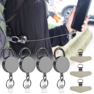 Heavy Duty Retractable Metal Wire Keychain Outdoor Hiking Snap-fastener Retractable Mobile Phone Lanyard with No-Adhesive Phone Pad