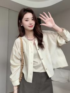 เสื้อเชิ้ตผู้หญิง POLO แขนยาว ปกคอกลม ทรงหลวม บาง ใส่สบาย ฤดูร้อน 2025 ใหม่ เสื้อคลุมกันแดด เสื้อคลุมกันหนาว เสื้อเชิ้ตผู้หญิง