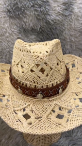 หมวกคาวบอยผ้าถัก +สายถักชนเผ่าเหรียญเงิน มีรูระบายอากาศ สวมใส่สบาย 05-X6+00HAT04