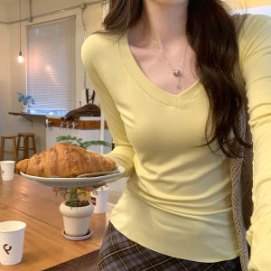 Áo Thun Dài Tay Cổ Chữ V Màu Vàng Tươi Cho Nữ Mùa Xuân Thu Phong Cách Hàn Quốc Đơn Giản Ôm Vừa Vặn Tăng Cường Sức Đàn Hồi Áo Lót