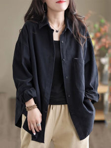 เสื้อเชิ้ตแขนยาวทรงหลวมสำหรับผู้หญิงในฤดูใบไม้ร่วงปี 2024 ทรงพอดีตัว ปกปิดหน้าท้อง สไตล์ลำลอง กระดุมหลายตัว ทรงปกติ