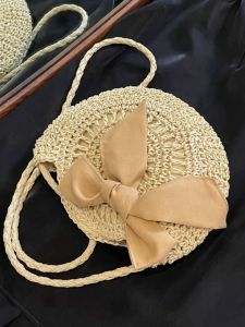 Summer New Womens Straw Woven Bag Butterfly Knot Small round Beach Vacation Crossbody Bag Fresh Style Pure Color Polyester Lining